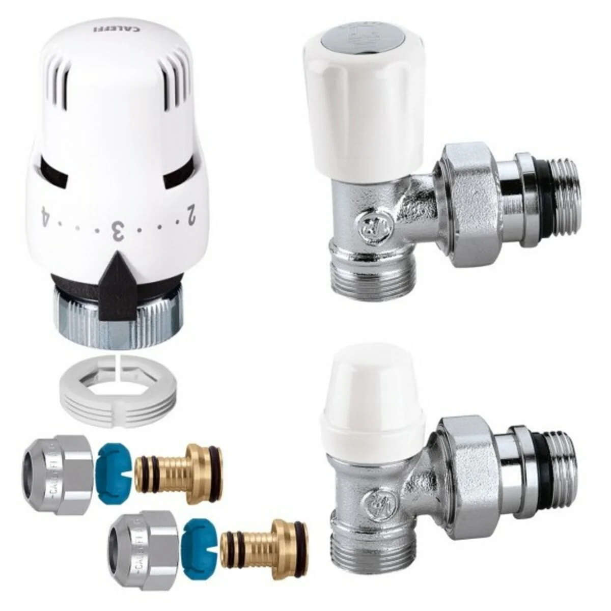 Kit termostatico a squadra completo allacci multistrato 20x2 Caleffi per termosifoni