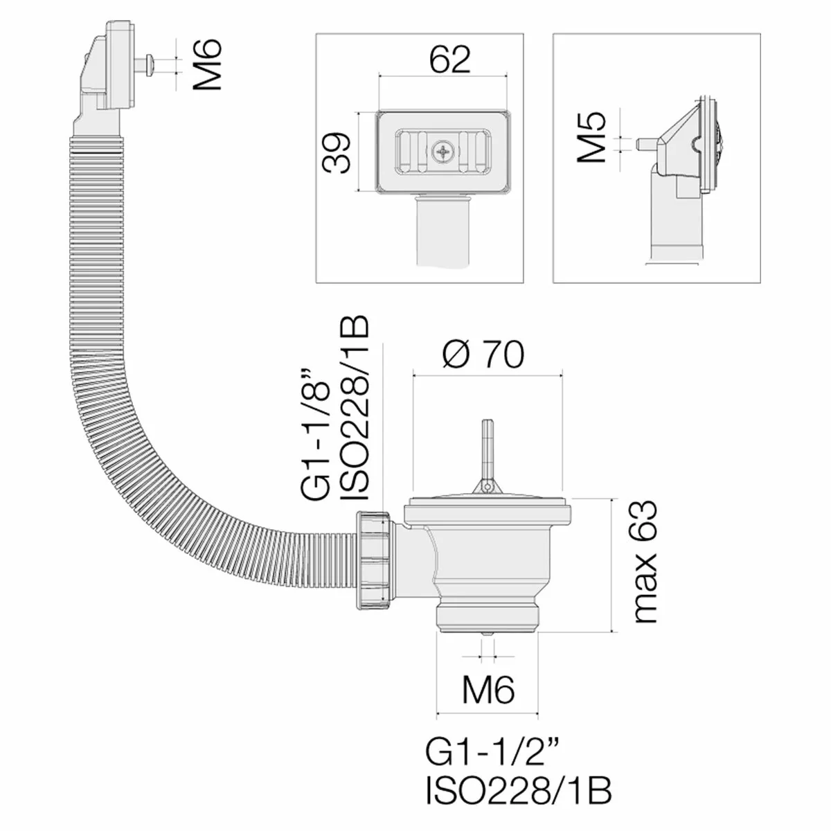 Piletta Valsir per lavello 1"1/2 con tappo e troppopieno rettangolare - Image 2
